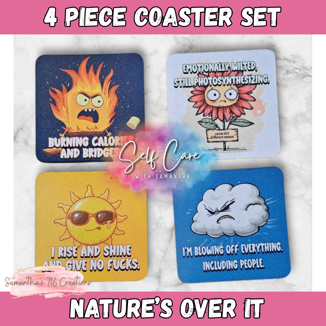 Funny Coaster Set – Nature’s Over It Collection – 4-Piece Sublimated Coasters – Sarcastic Weather Humor – Angry Sun & Cloud Gift – Neoprene Coaster Set