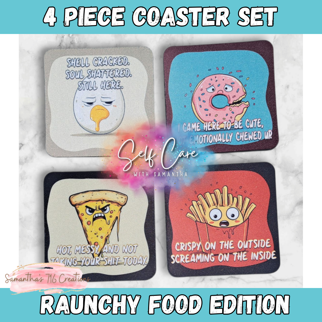 Funny Coaster Set – Raunchy Food Edition – 4-Piece Sublimated Coasters – Sarcastic Kitchen Humor – Emotional Snack Gift – Neoprene Drink Coasters