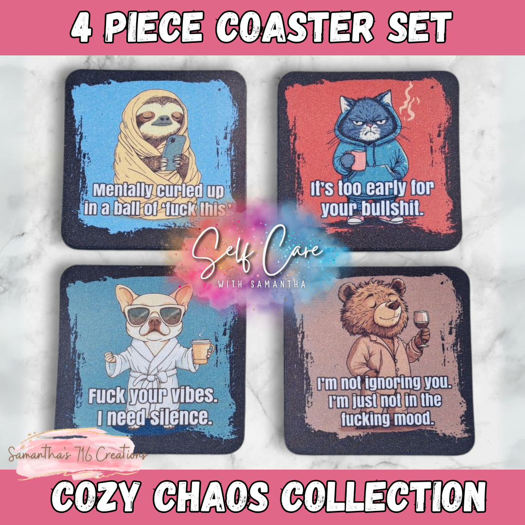 Funny Animal Coaster Set – Cozy Chaos Collection – 4-Piece Sublimated Coasters – Sarcastic Gift – Sassy Home Decor – Neoprene/Rubber Drink Coasters