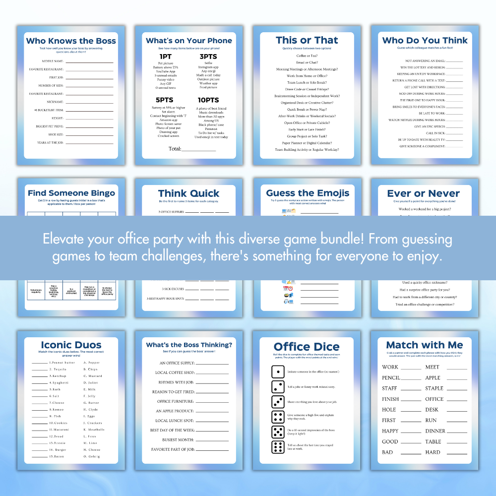 Game Bundle for Office Party | Printable Team Building Games | 32 Pages