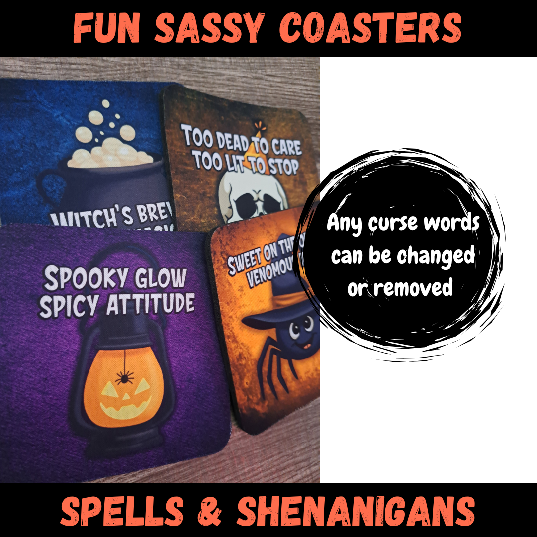 Funny Halloween Coaster Set β Spells & Shenanigans Collection β 4-Piece Sublimated Coasters β Witchy Humor β Sarcastic Spooky Gift β Neoprene Coaster Set