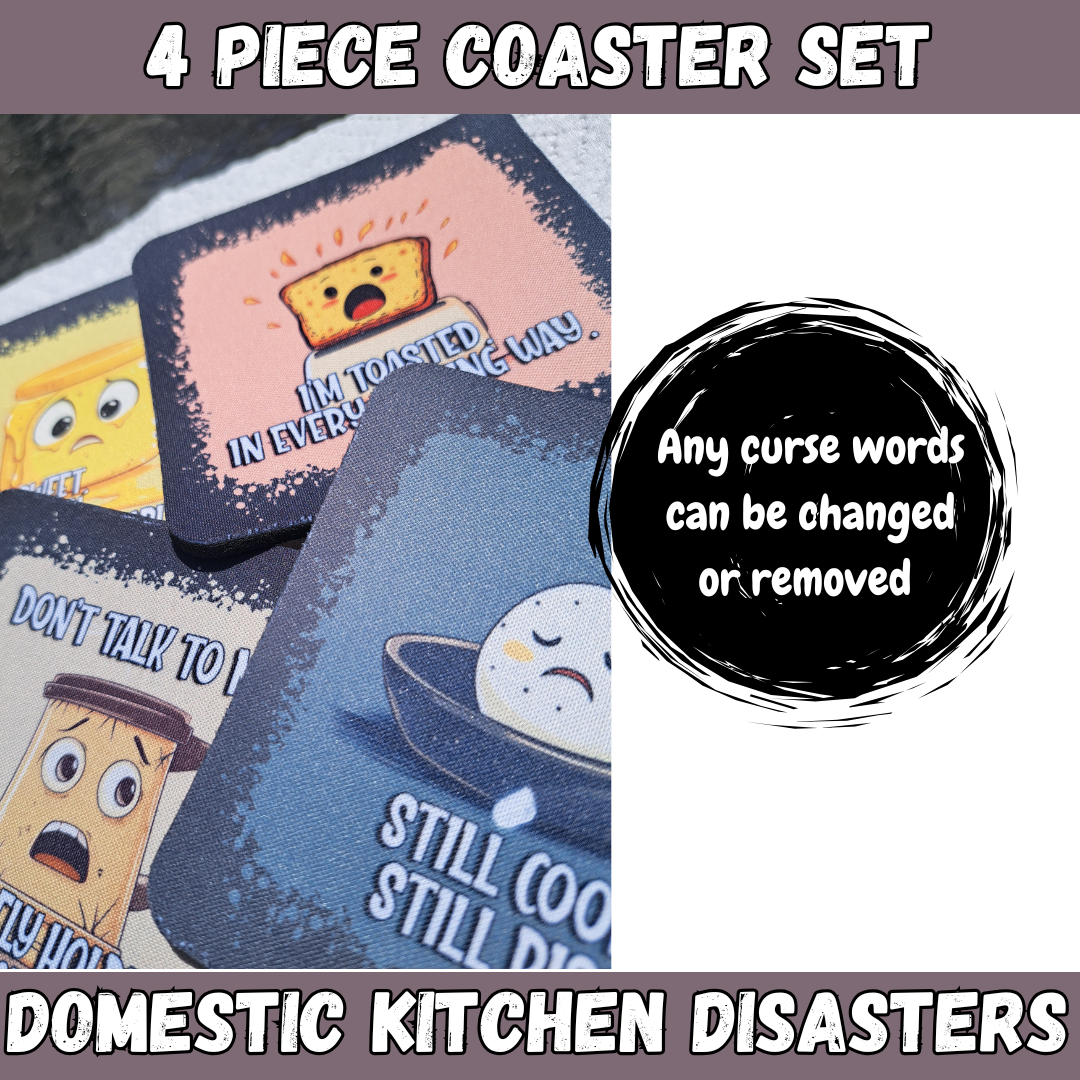 Funny Coaster Set β Domestic Kitchen Disasters β 4-Piece Sublimated Coasters β Sarcastic Gift β Food Humor β Neoprene Drink Coasters