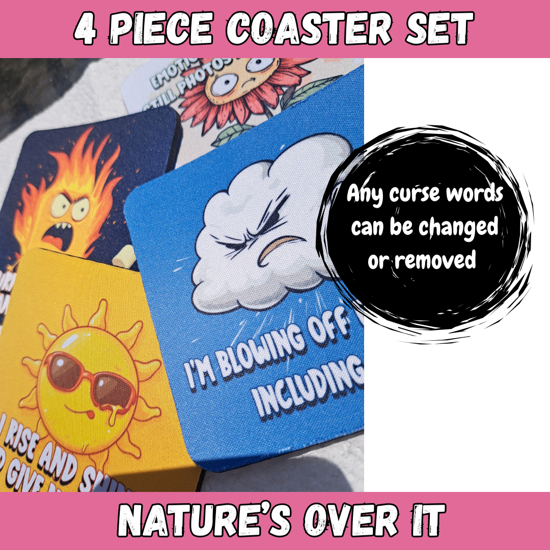 Funny Coaster Set – Nature’s Over It Collection – 4-Piece Sublimated Coasters – Sarcastic Weather Humor – Angry Sun & Cloud Gift – Neoprene Coaster Set