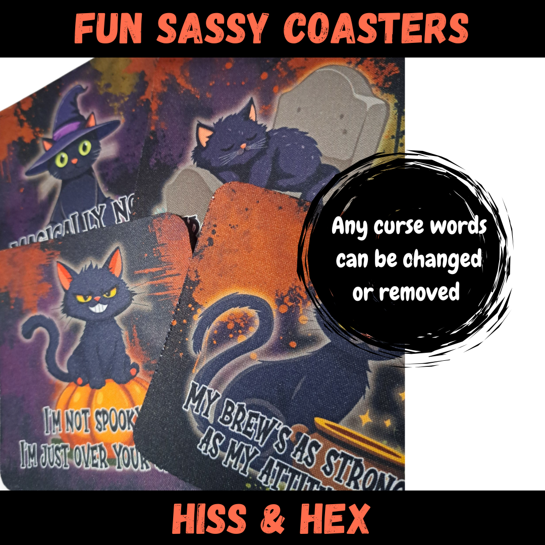 Set of coasters with black cats and Halloween-themed designs, featuring the brand 'Fun Sassy Coasters'.