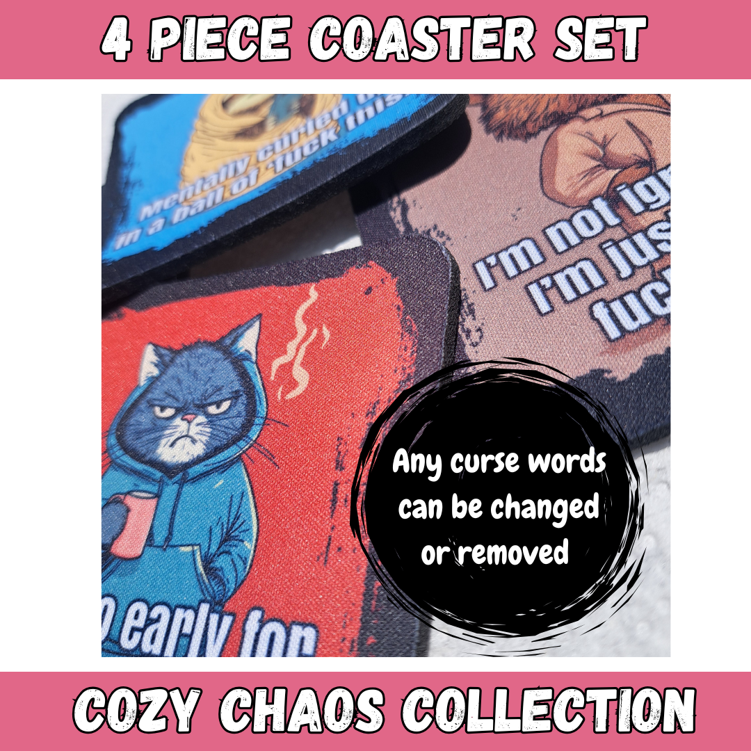 Funny Animal Coaster Set – Cozy Chaos Collection – 4-Piece Sublimated Coasters – Sarcastic Gift – Sassy Home Decor – Neoprene/Rubber Drink Coasters