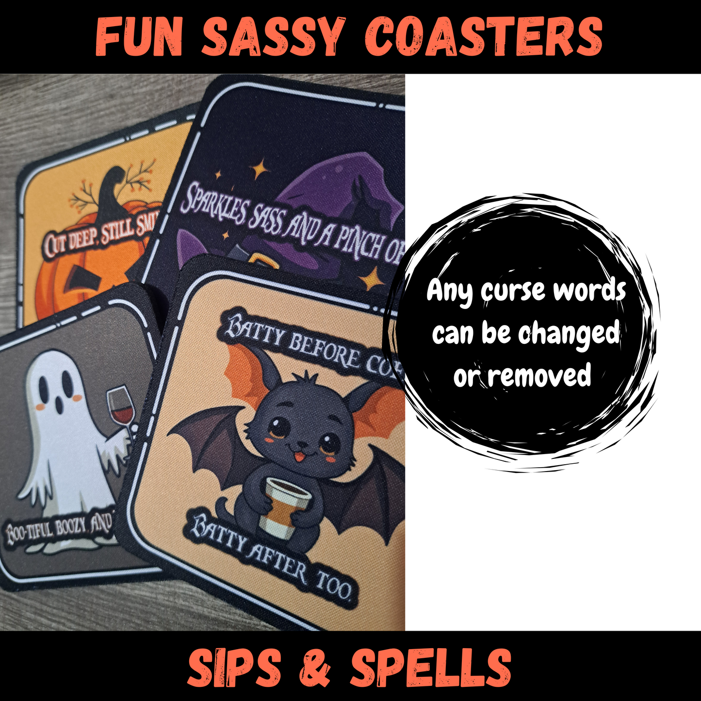Funny Halloween Coaster Set β Sips & Spells Collection β 4-Piece Sublimated Coasters β Boozy Witchy Humor β Neoprene Coasters β Spooky Cute Gift