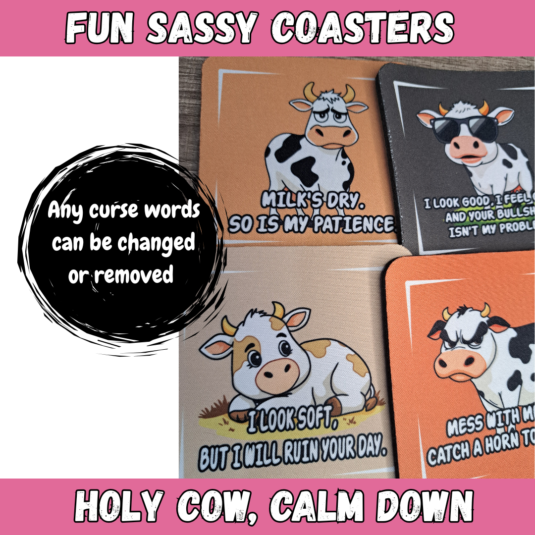 Funny Cow Coaster Set β Holy Cow, Calm Down Collection β 4-Piece Sublimated Coasters β Sassy Farmhouse Humor β Neoprene Coasters β Country Girl Gift