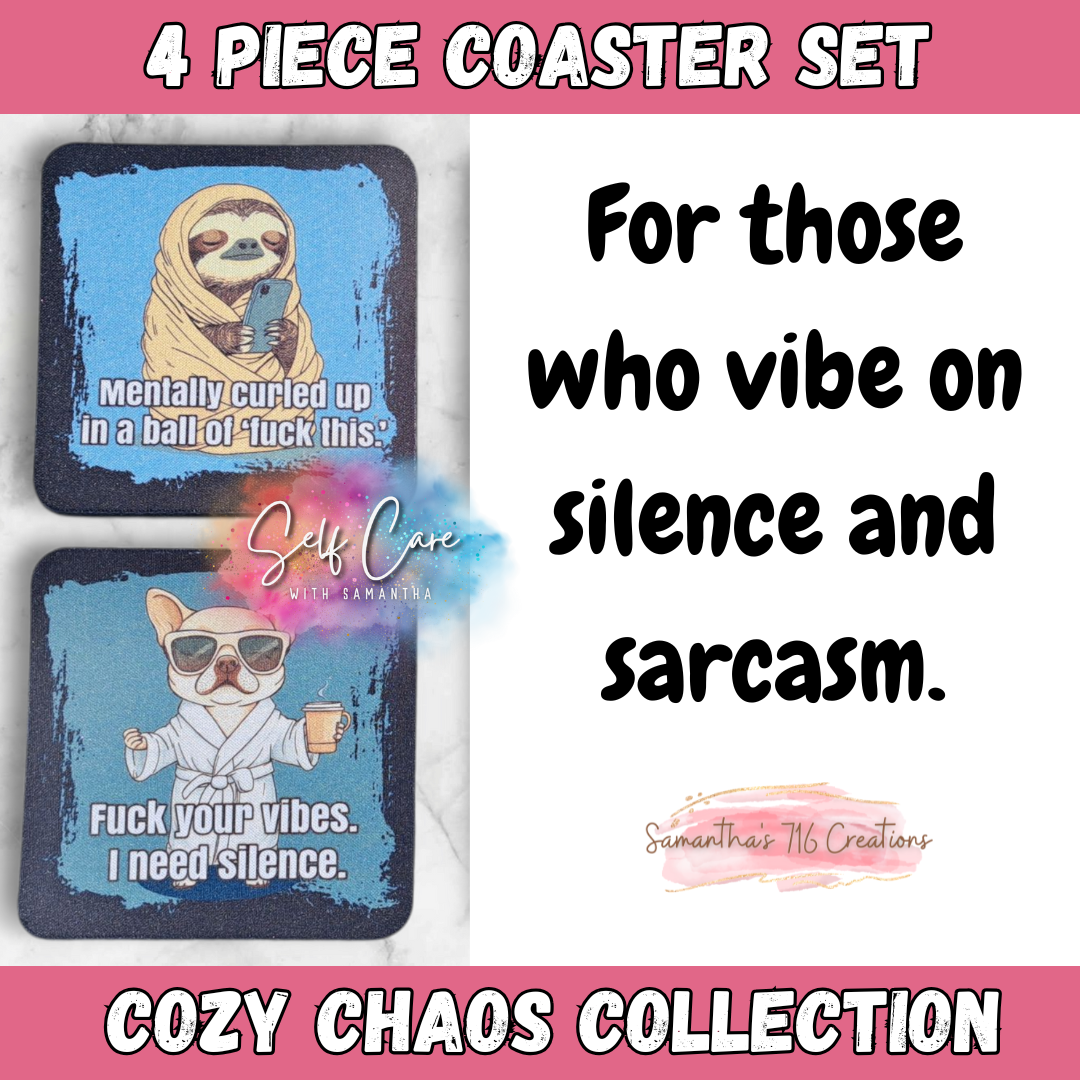 Funny Animal Coaster Set – Cozy Chaos Collection – 4-Piece Sublimated Coasters – Sarcastic Gift – Sassy Home Decor – Neoprene/Rubber Drink Coasters
