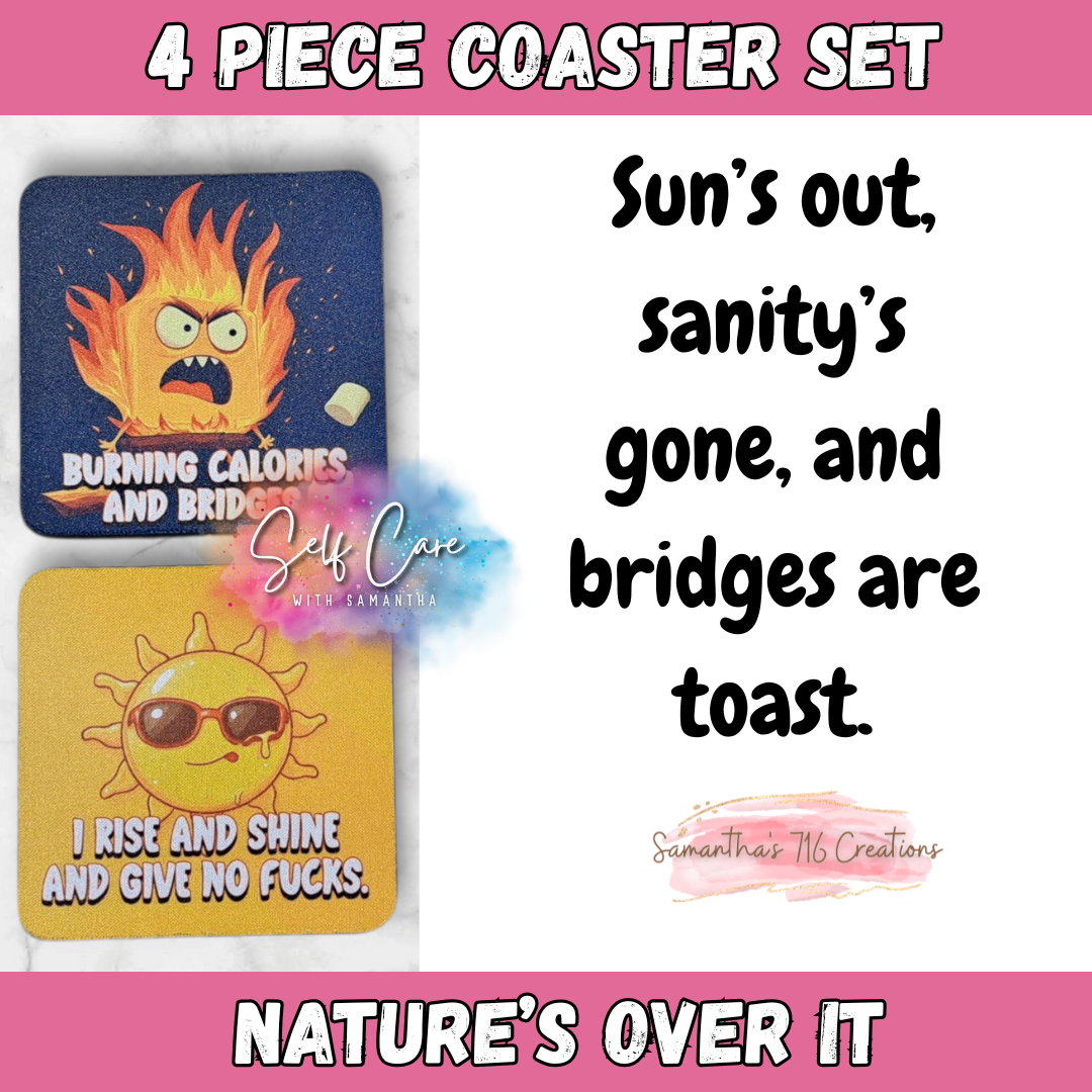 Funny Coaster Set – Nature’s Over It Collection – 4-Piece Sublimated Coasters – Sarcastic Weather Humor – Angry Sun & Cloud Gift – Neoprene Coaster Set