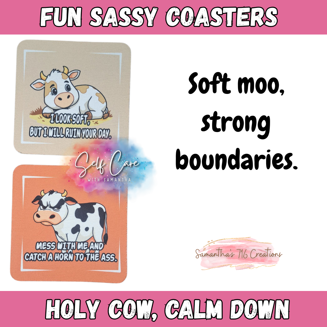 Funny Cow Coaster Set β Holy Cow, Calm Down Collection β 4-Piece Sublimated Coasters β Sassy Farmhouse Humor β Neoprene Coasters β Country Girl Gift