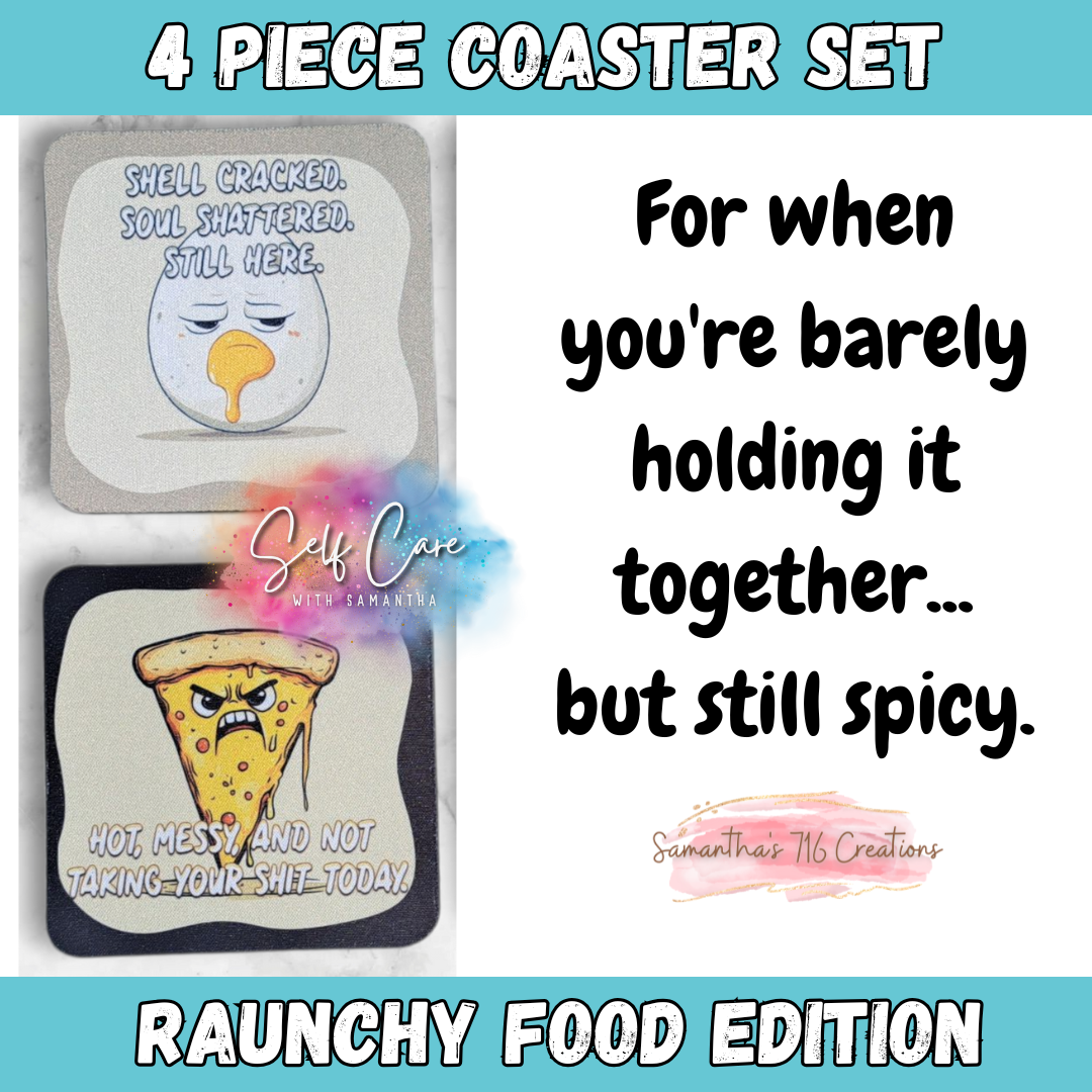 Funny Coaster Set – Raunchy Food Edition – 4-Piece Sublimated Coasters – Sarcastic Kitchen Humor – Emotional Snack Gift – Neoprene Drink Coasters