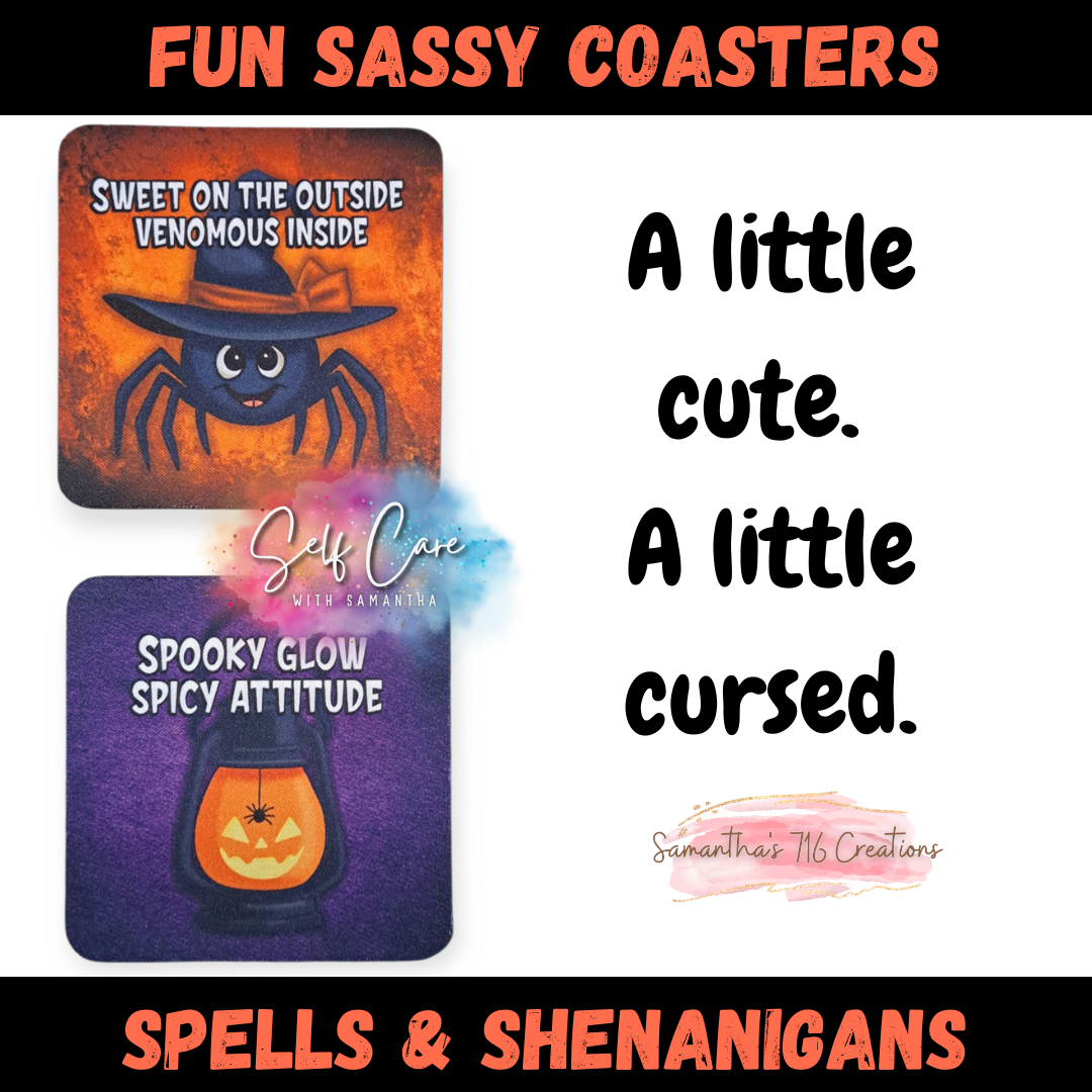 Funny Halloween Coaster Set β Spells & Shenanigans Collection β 4-Piece Sublimated Coasters β Witchy Humor β Sarcastic Spooky Gift β Neoprene Coaster Set