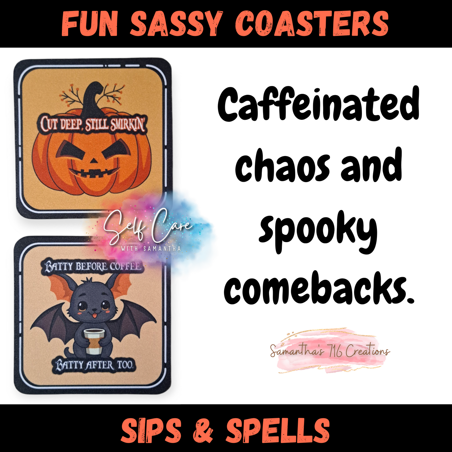 Funny Halloween Coaster Set β Sips & Spells Collection β 4-Piece Sublimated Coasters β Boozy Witchy Humor β Neoprene Coasters β Spooky Cute Gift