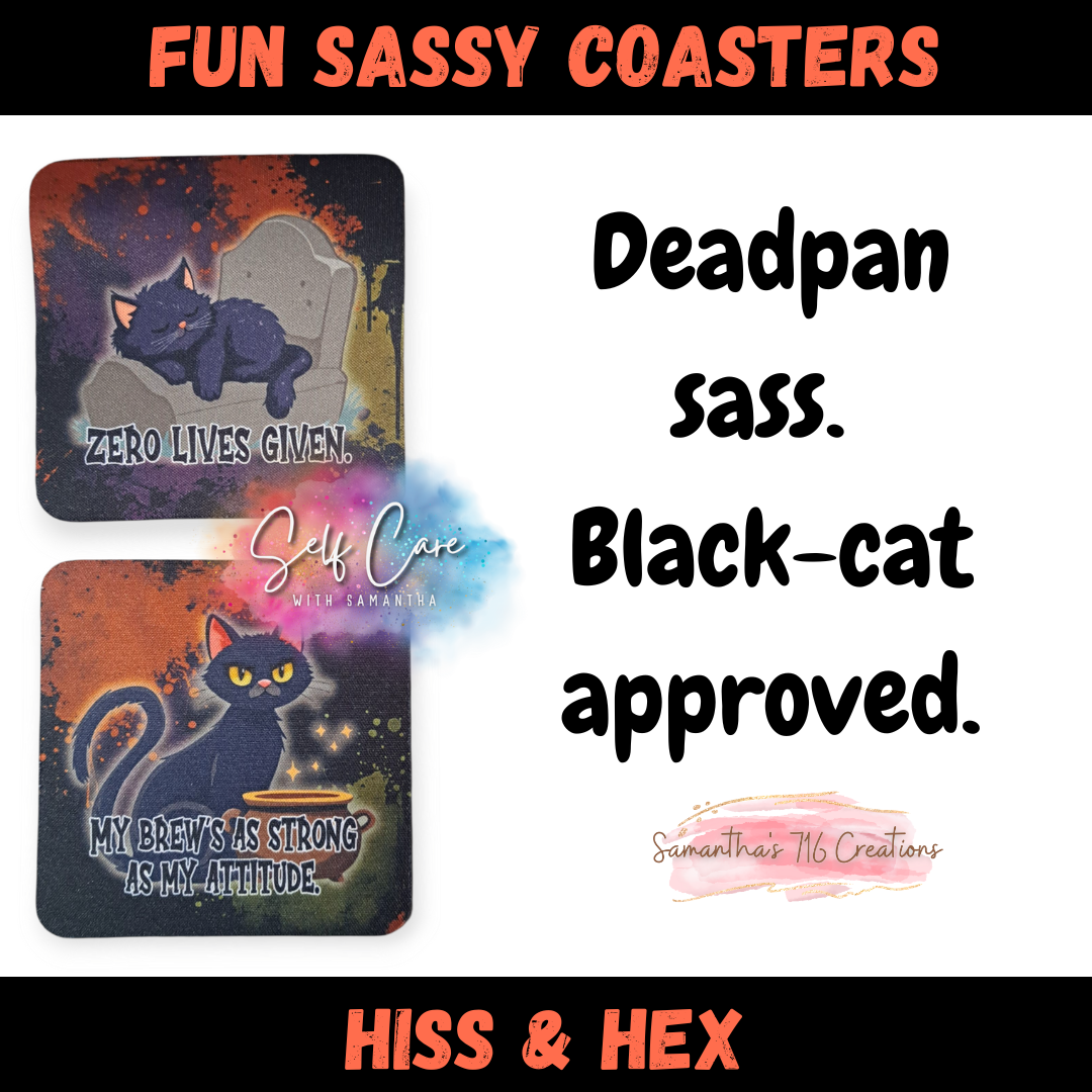 Two coasters with black cats and humorous text, branded 'Hiss & Hex'.