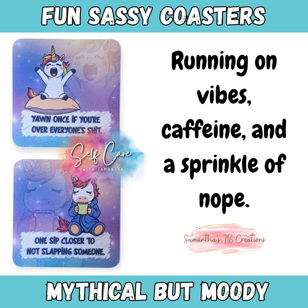 Funny Unicorn Coaster Set – Mythical But Moody Collection – 4-Piece Sublimated Coasters – Sassy Fantasy Humor – Neoprene Drink Coasters
