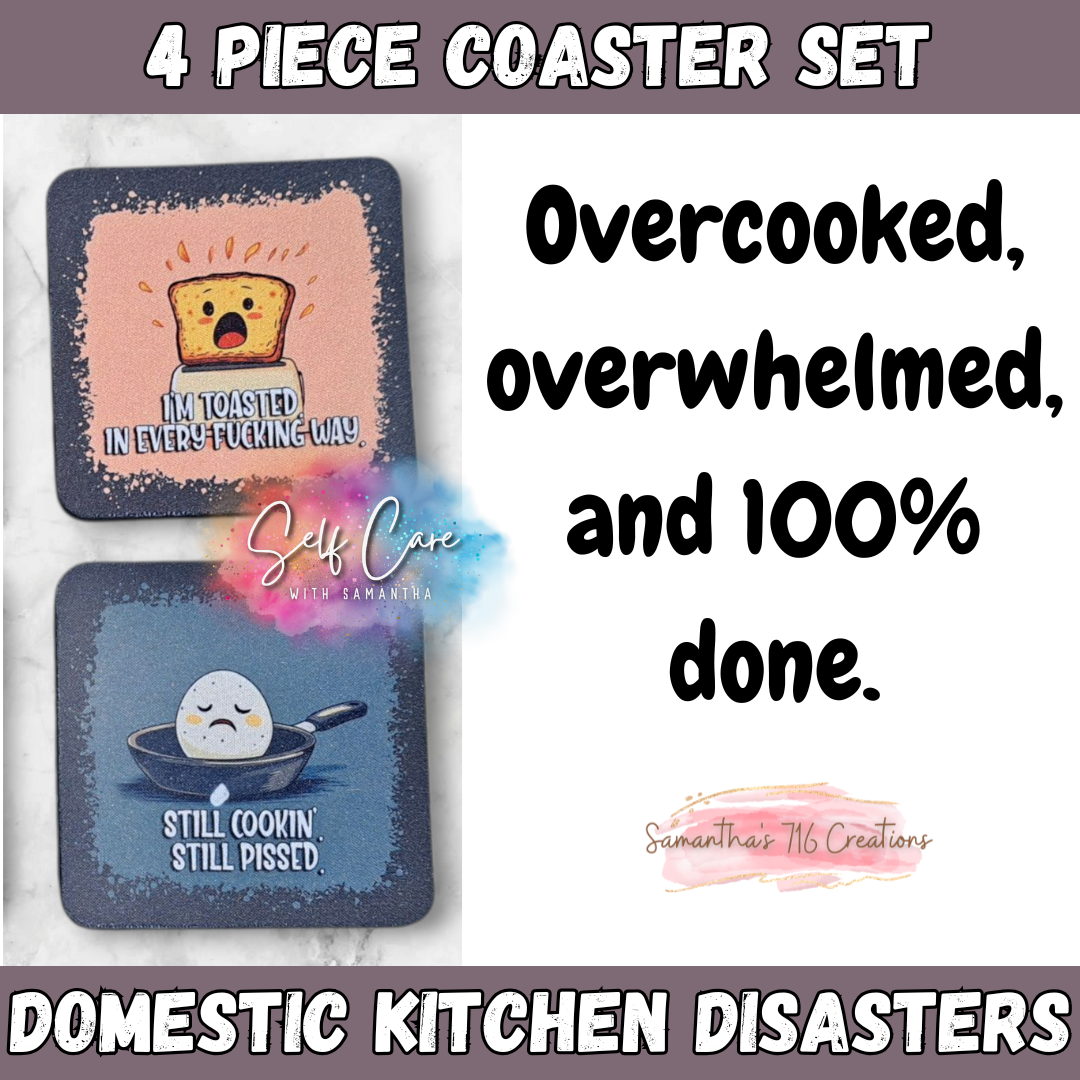 Funny Coaster Set β Domestic Kitchen Disasters β 4-Piece Sublimated Coasters β Sarcastic Gift β Food Humor β Neoprene Drink Coasters