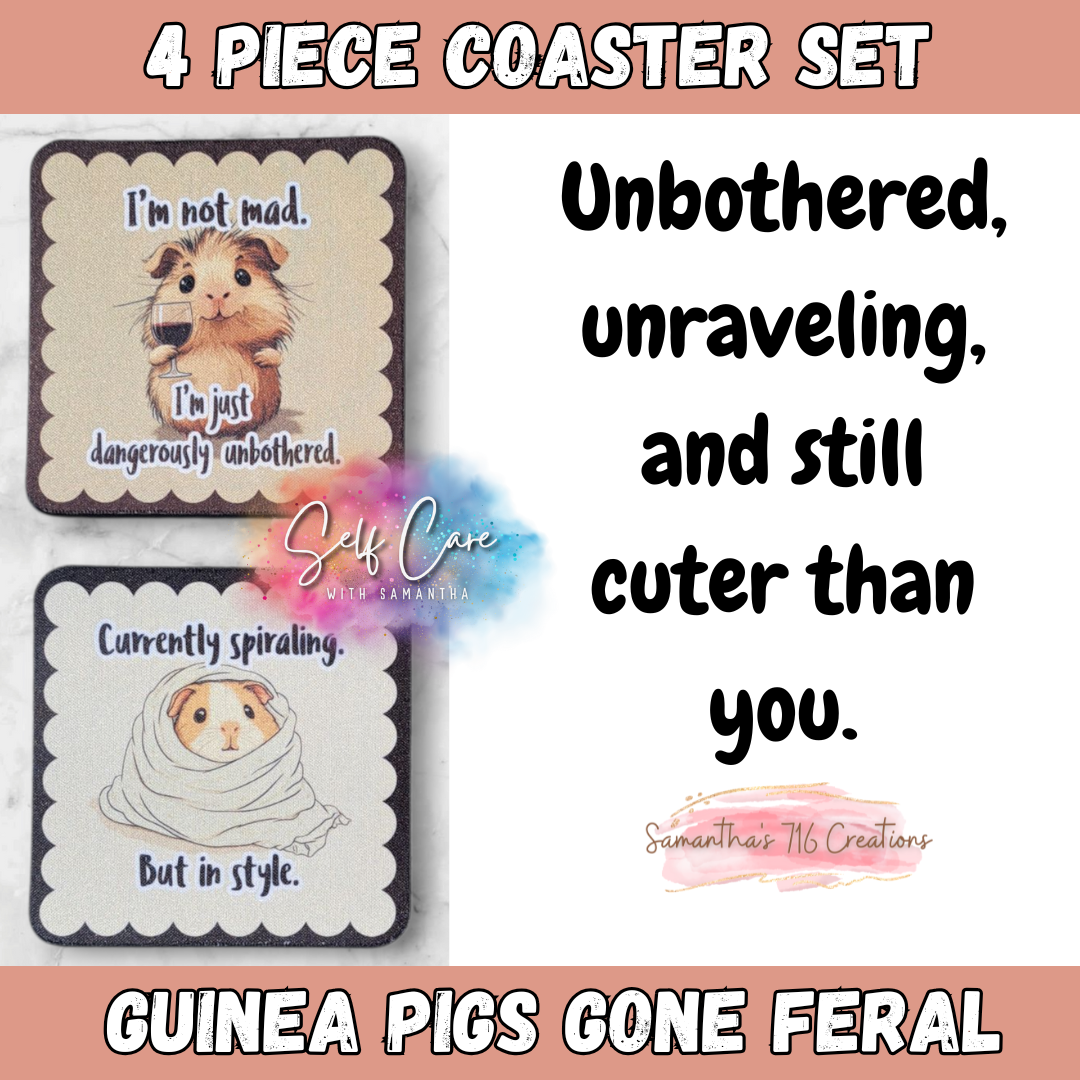 Funny Coaster Set – Guinea Pigs Gone Feral – 4-Piece Sublimated Coasters – Cute but Unbothered – Sarcastic Animal Gift – Neoprene Drink Coasters