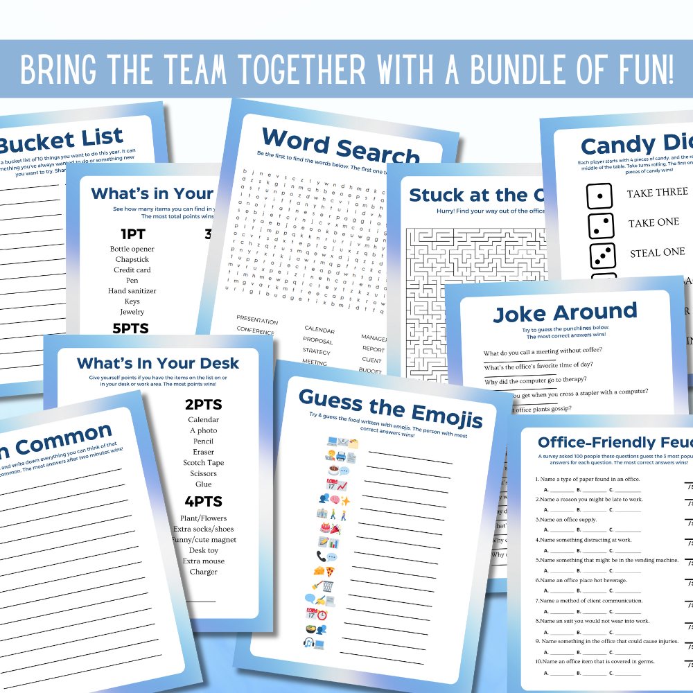 Game Bundle for Office Party | Printable Team Building Games | 32 Pages