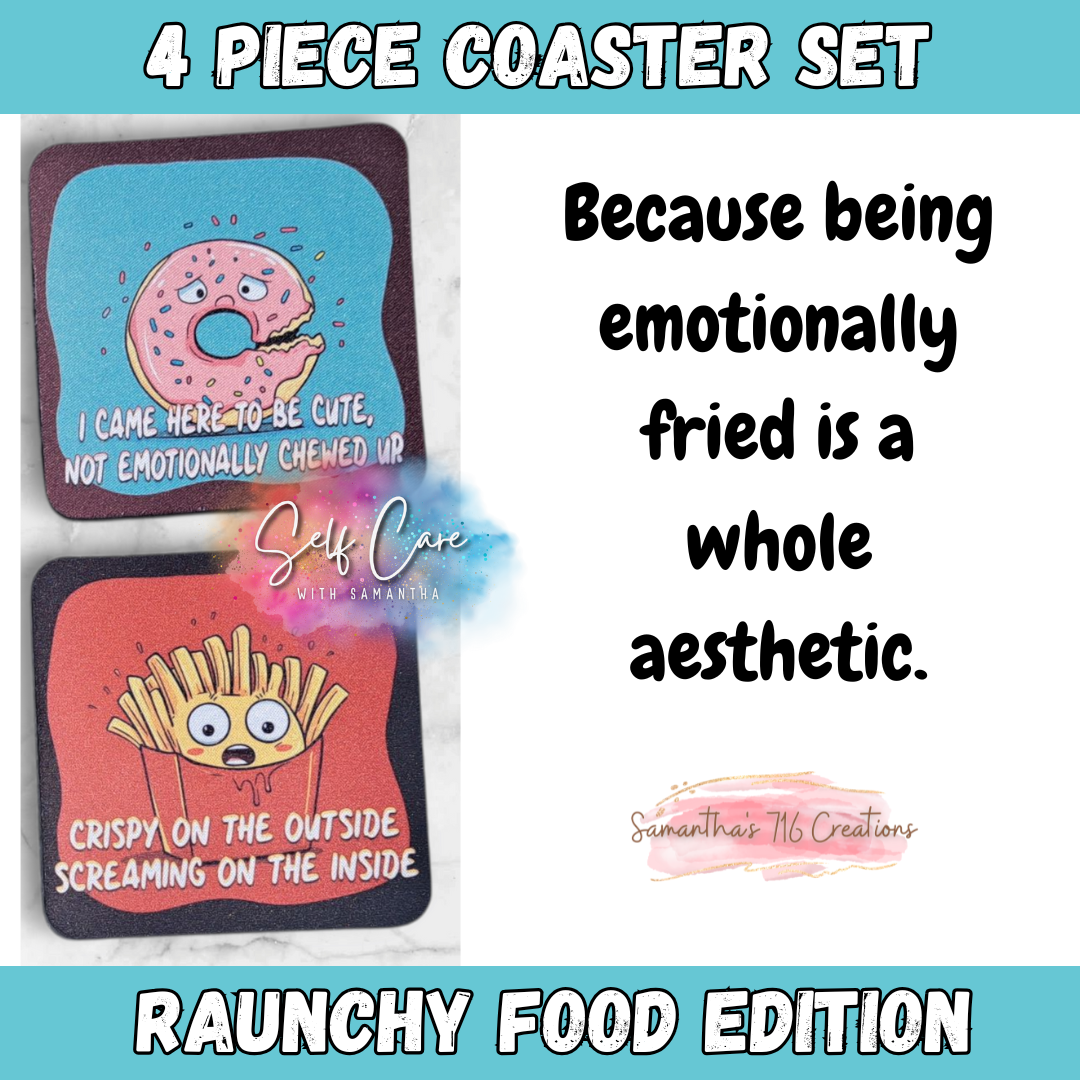 Funny Coaster Set – Raunchy Food Edition – 4-Piece Sublimated Coasters – Sarcastic Kitchen Humor – Emotional Snack Gift – Neoprene Drink Coasters