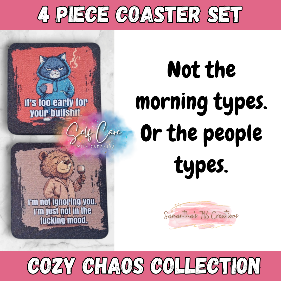 Funny Animal Coaster Set – Cozy Chaos Collection – 4-Piece Sublimated Coasters – Sarcastic Gift – Sassy Home Decor – Neoprene/Rubber Drink Coasters