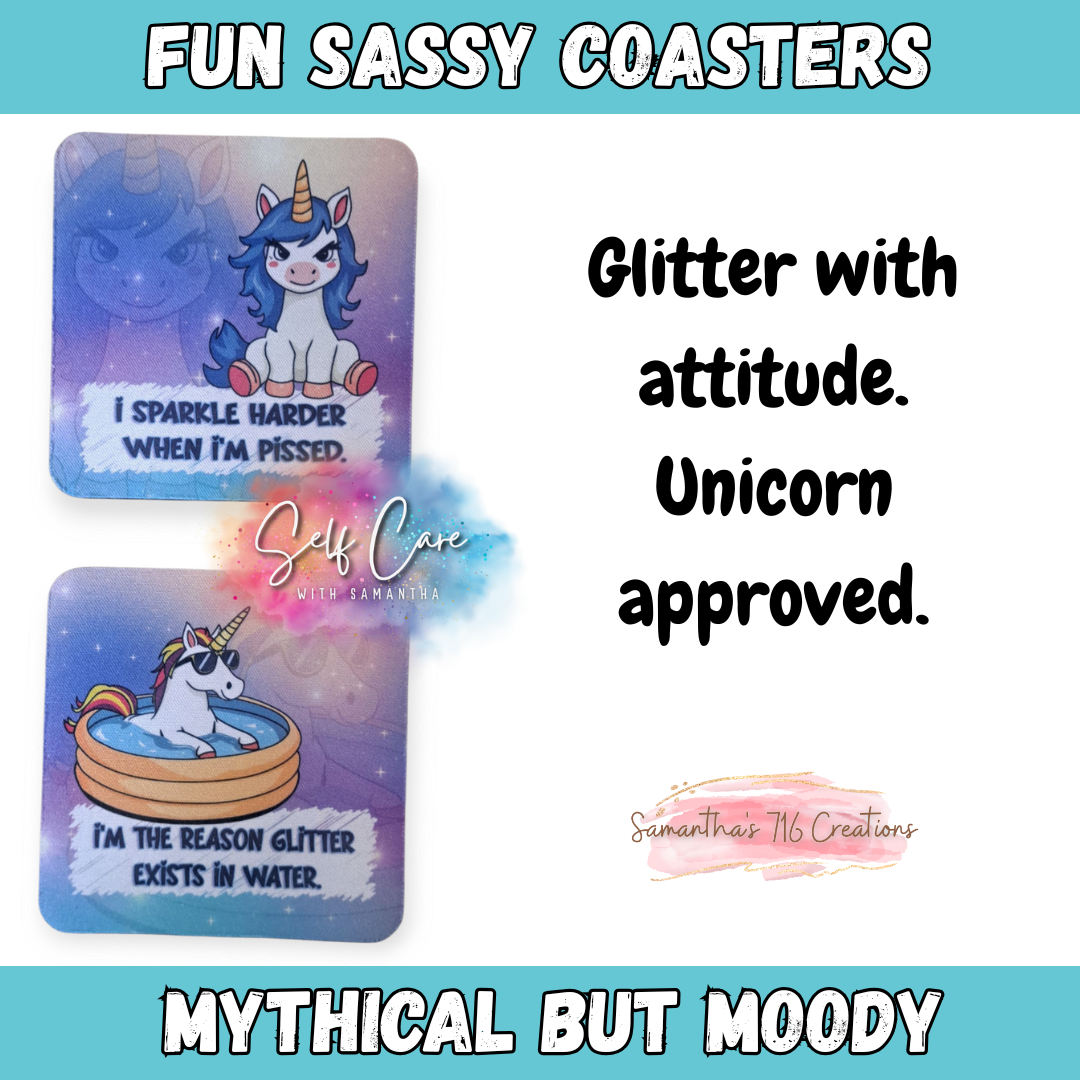 Funny Unicorn Coaster Set – Mythical But Moody Collection – 4-Piece Sublimated Coasters – Sassy Fantasy Humor – Neoprene Drink Coasters