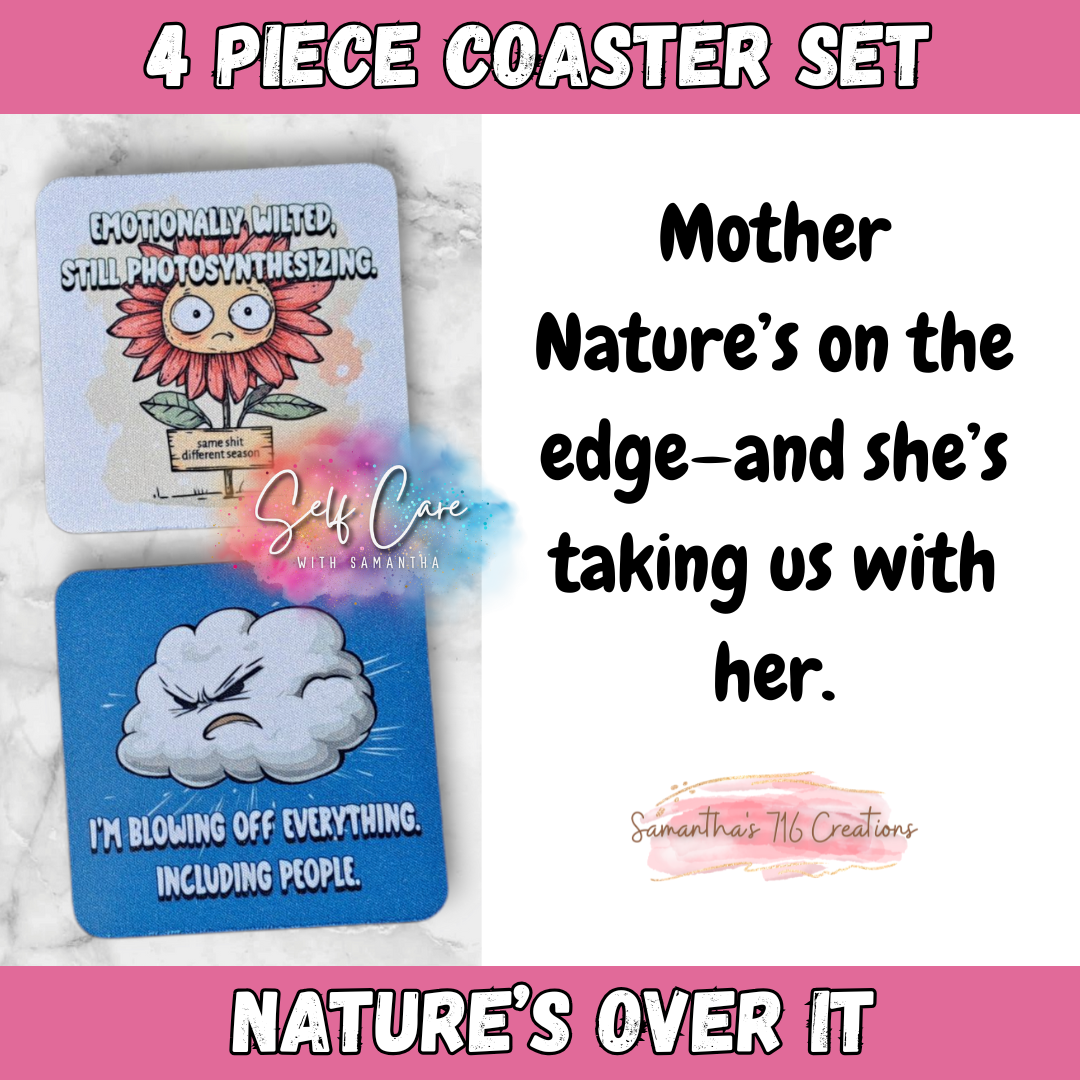 Funny Coaster Set – Nature’s Over It Collection – 4-Piece Sublimated Coasters – Sarcastic Weather Humor – Angry Sun & Cloud Gift – Neoprene Coaster Set