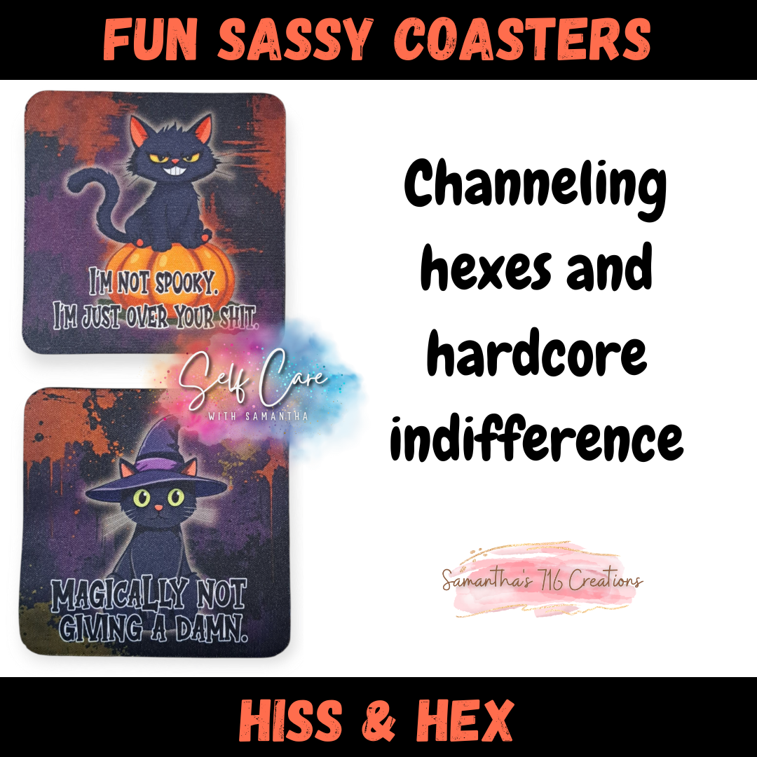 Two coasters with cat designs and humorous text, branded 'Hiss & Hex'.