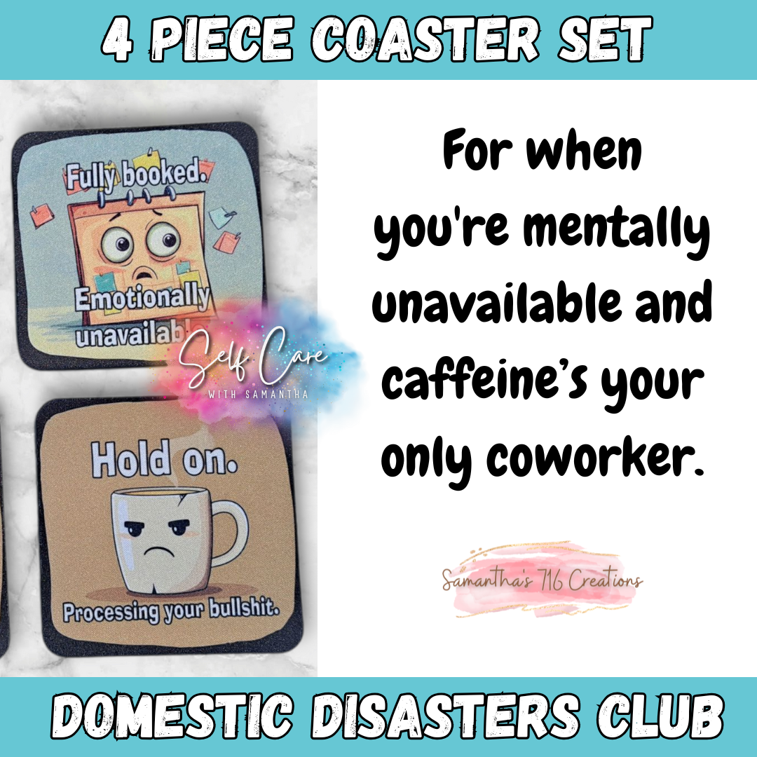 Funny Coaster Set β Domestic Disasters Club β 4-Piece Sublimated Coasters β Sarcastic Home Humor β Burnout Gift β Neoprene Drink Coasters