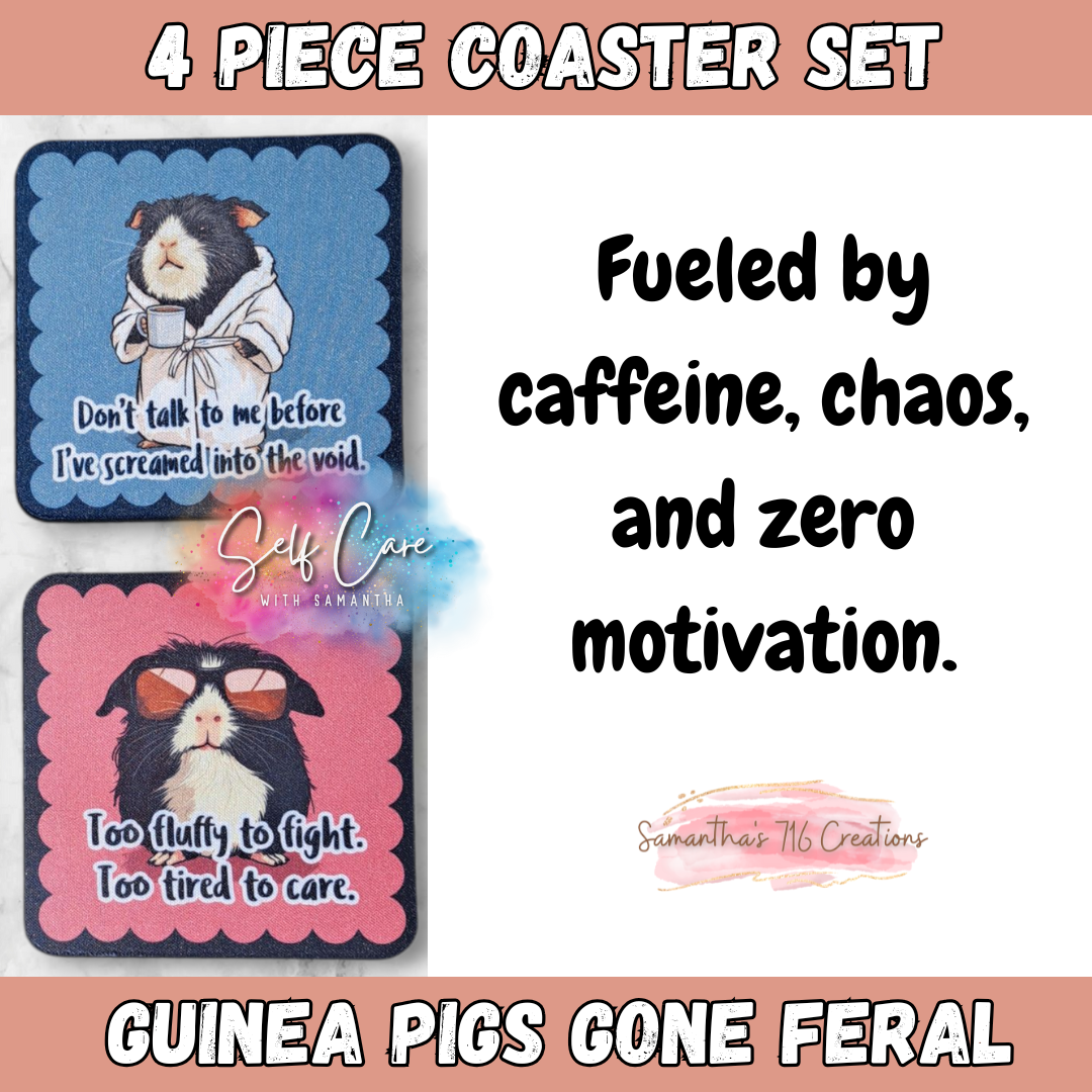 Funny Coaster Set – Guinea Pigs Gone Feral – 4-Piece Sublimated Coasters – Cute but Unbothered – Sarcastic Animal Gift – Neoprene Drink Coasters