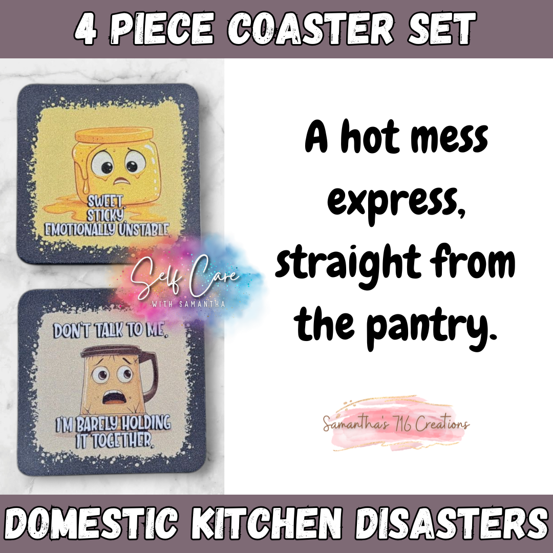 Funny Coaster Set β Domestic Kitchen Disasters β 4-Piece Sublimated Coasters β Sarcastic Gift β Food Humor β Neoprene Drink Coasters