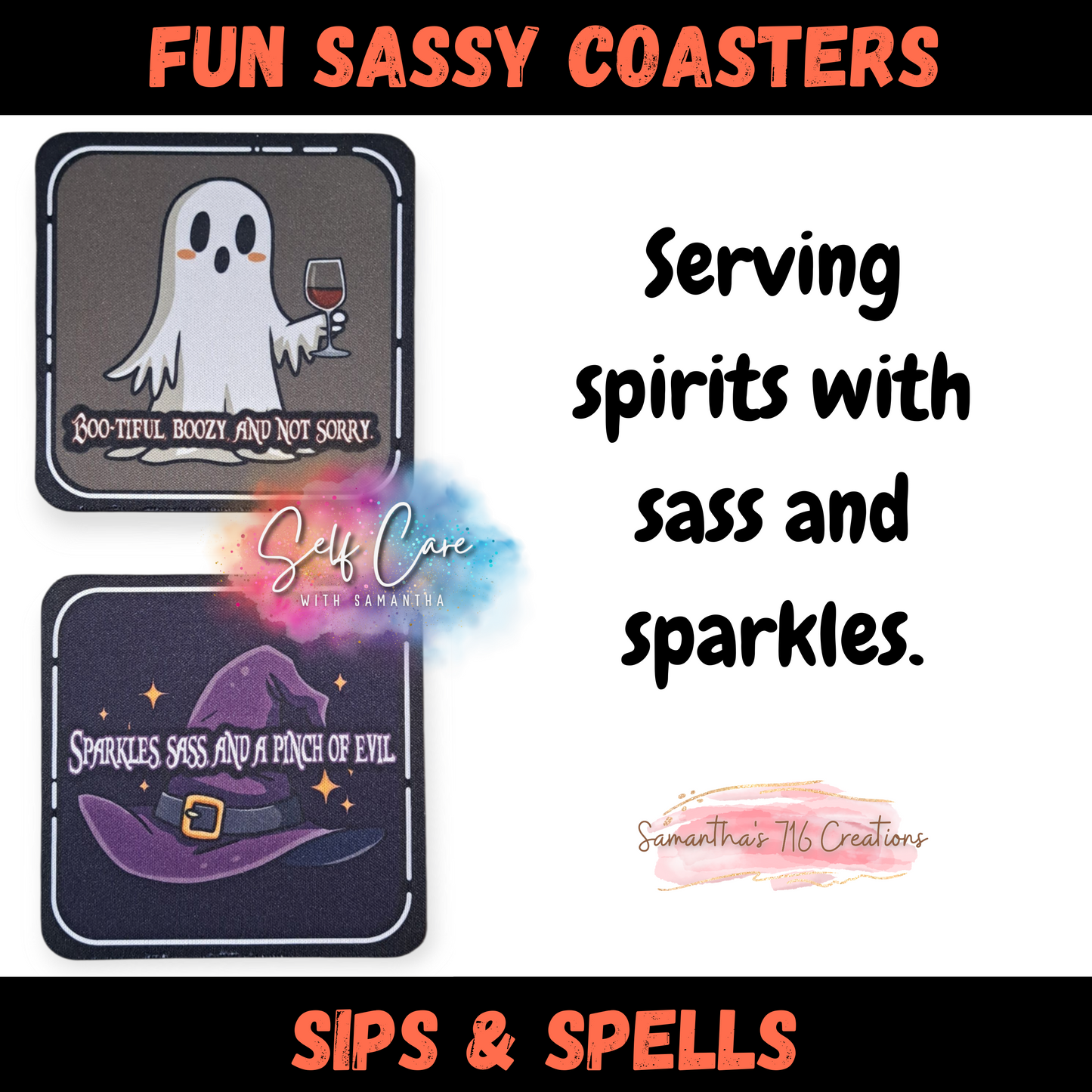 Funny Halloween Coaster Set β Sips & Spells Collection β 4-Piece Sublimated Coasters β Boozy Witchy Humor β Neoprene Coasters β Spooky Cute Gift