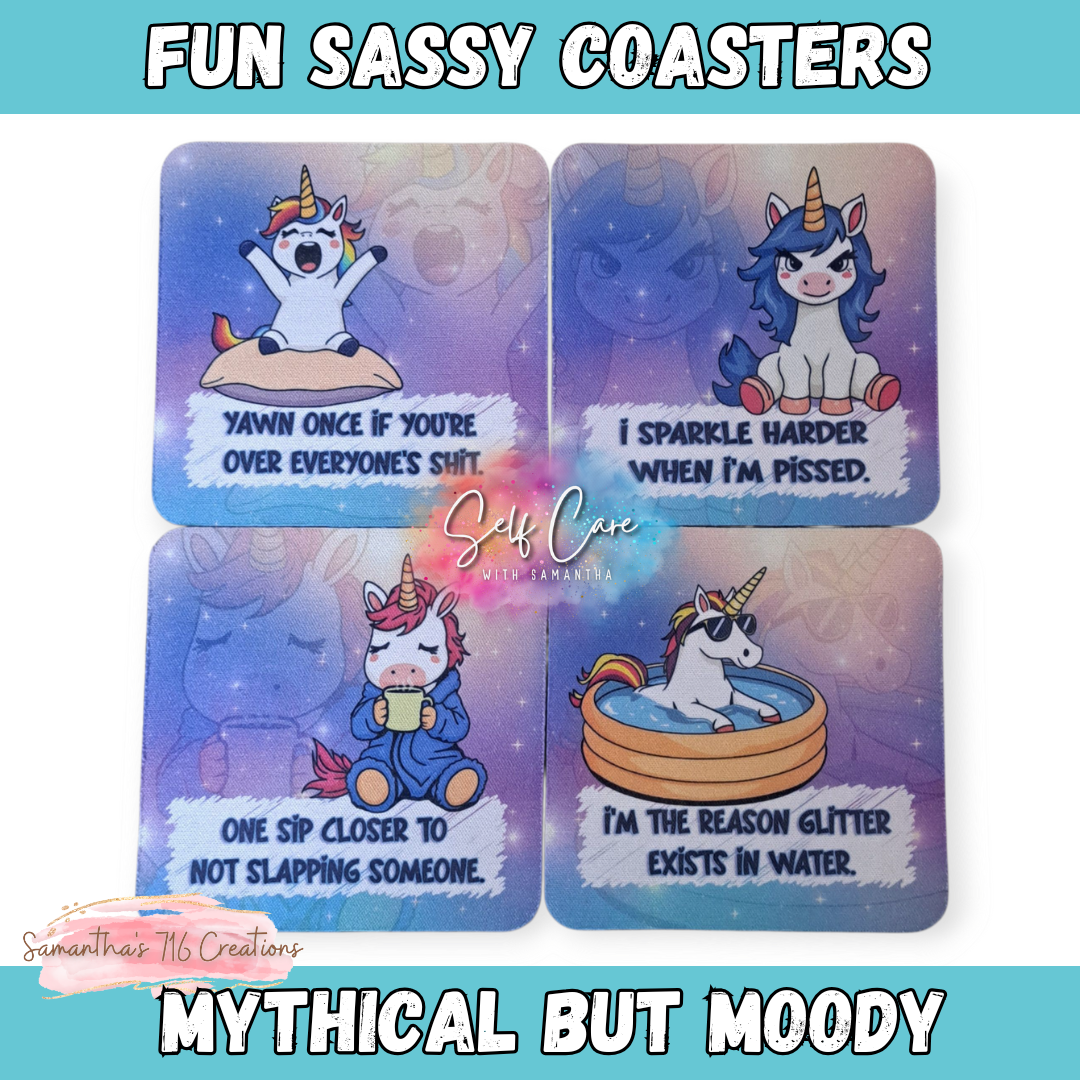 Funny Unicorn Coaster Set – Mythical But Moody Collection – 4-Piece Sublimated Coasters – Sassy Fantasy Humor – Neoprene Drink Coasters