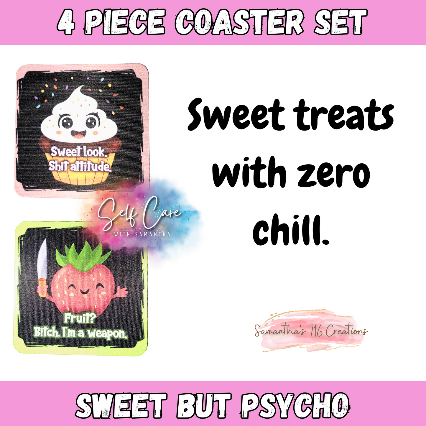 Funny Coaster Set β Sweet But Psycho Collection β 4-Piece Sublimated Coasters β Sassy Food Humor β Neoprene Coaster Gift β Sarcastic Cute Decor