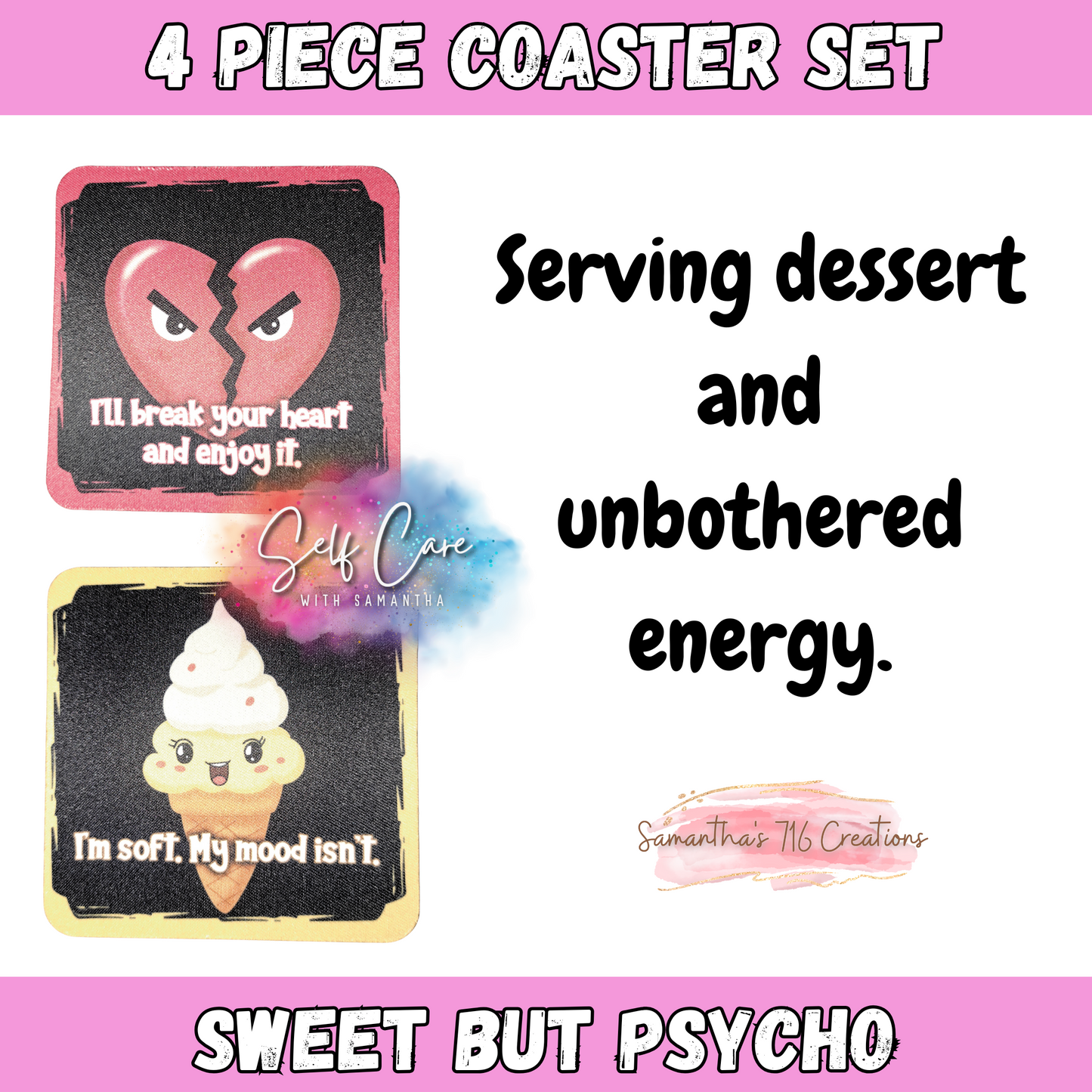 Funny Coaster Set β Sweet But Psycho Collection β 4-Piece Sublimated Coasters β Sassy Food Humor β Neoprene Coaster Gift β Sarcastic Cute Decor