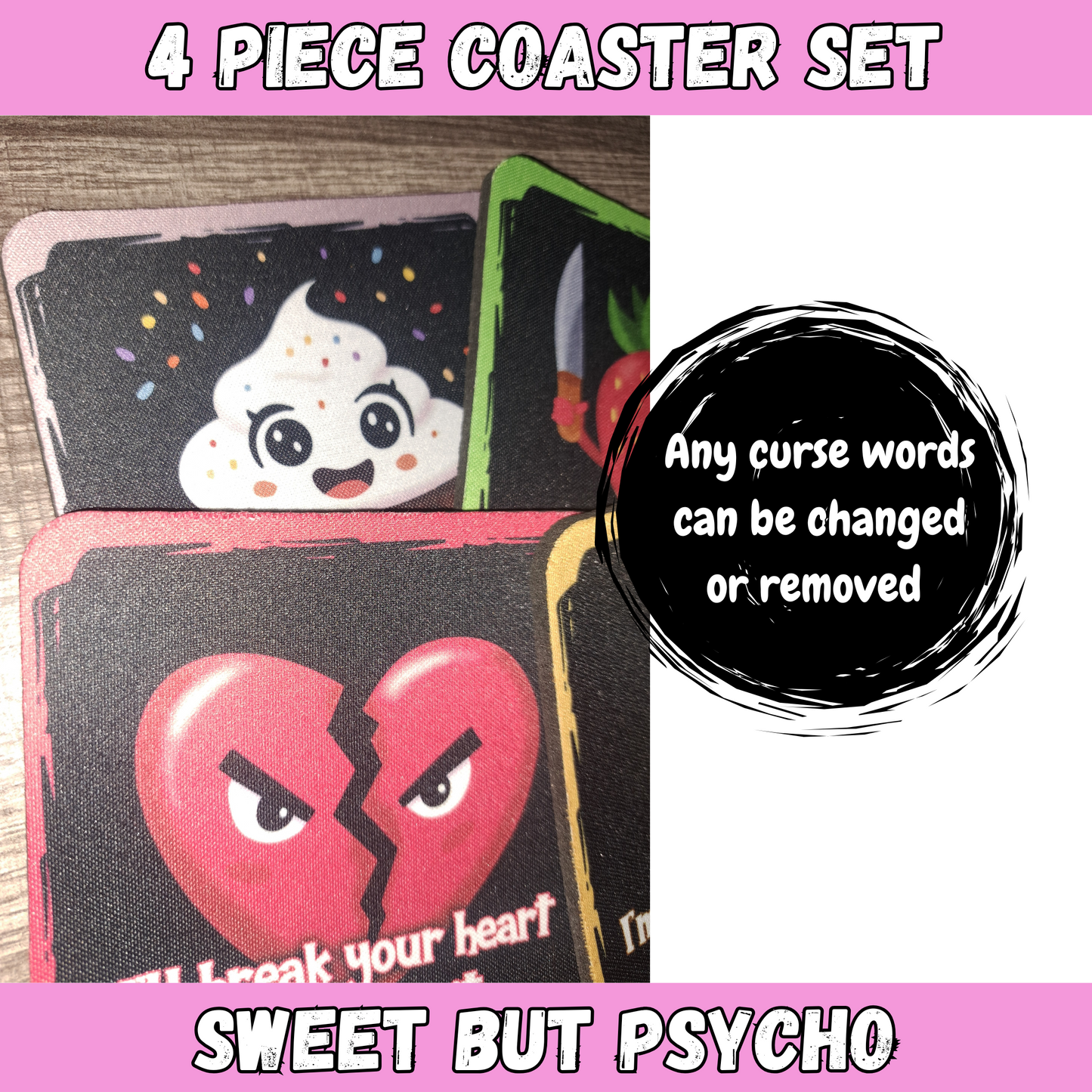 Funny Coaster Set β Sweet But Psycho Collection β 4-Piece Sublimated Coasters β Sassy Food Humor β Neoprene Coaster Gift β Sarcastic Cute Decor