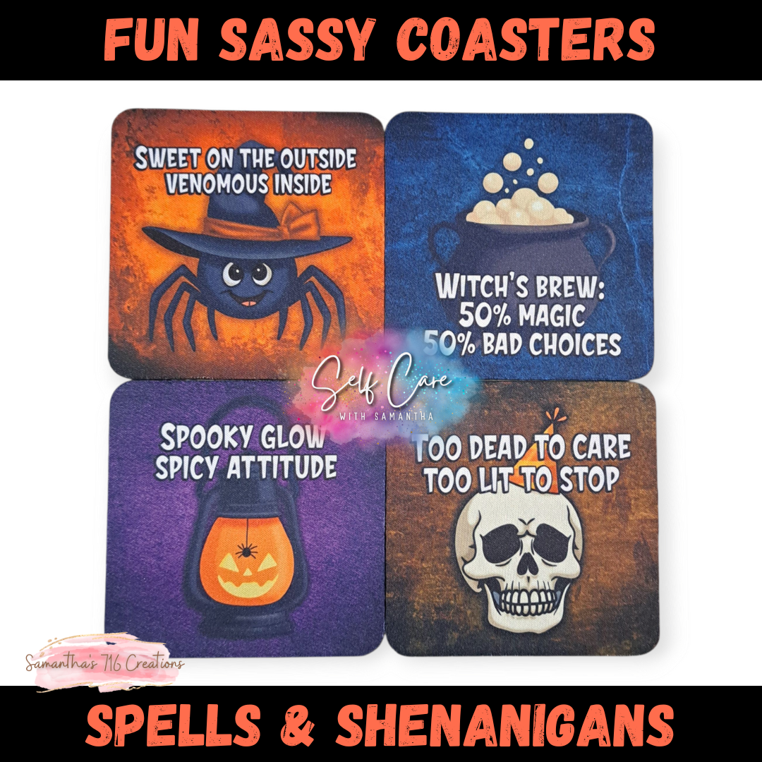 Set of four Halloween-themed coasters with humorous sayings and graphics.