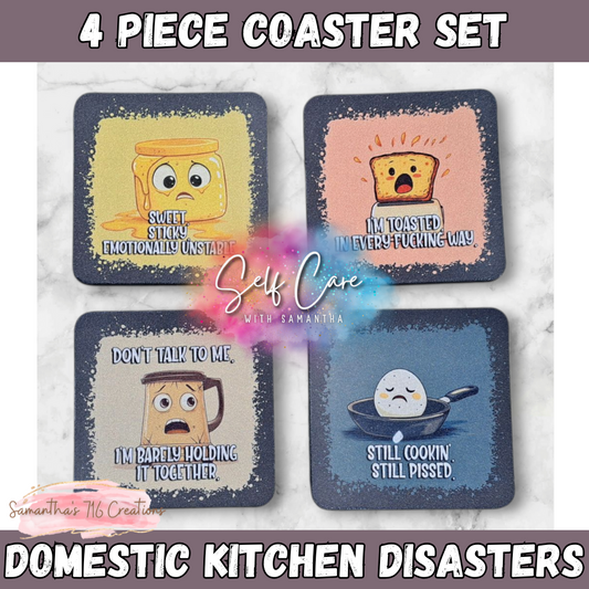 Funny Coaster Set – Domestic Kitchen Disasters – 4-Piece Sublimated Coasters – Sarcastic Gift – Food Humor – Neoprene Drink Coasters
