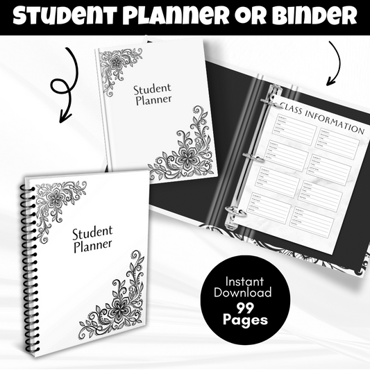 B & W Student Planner | Printable Academic Planner | 99 Pages