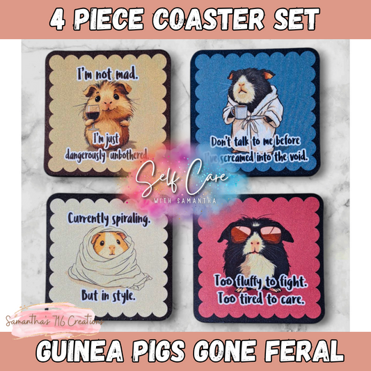 Funny Coaster Set – Guinea Pigs Gone Feral – 4-Piece Sublimated Coasters – Cute but Unbothered – Sarcastic Animal Gift – Neoprene Drink Coasters