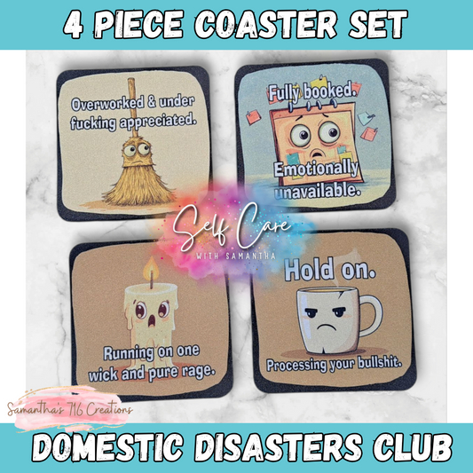 Funny Coaster Set – Domestic Disasters Club – 4-Piece Sublimated Coasters – Sarcastic Home Humor – Burnout Gift – Neoprene Drink Coasters