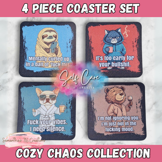 Funny Animal Coaster Set – Cozy Chaos Collection – 4-Piece Sublimated Coasters – Sarcastic Gift – Sassy Home Decor – Neoprene/Rubber Drink Coasters
