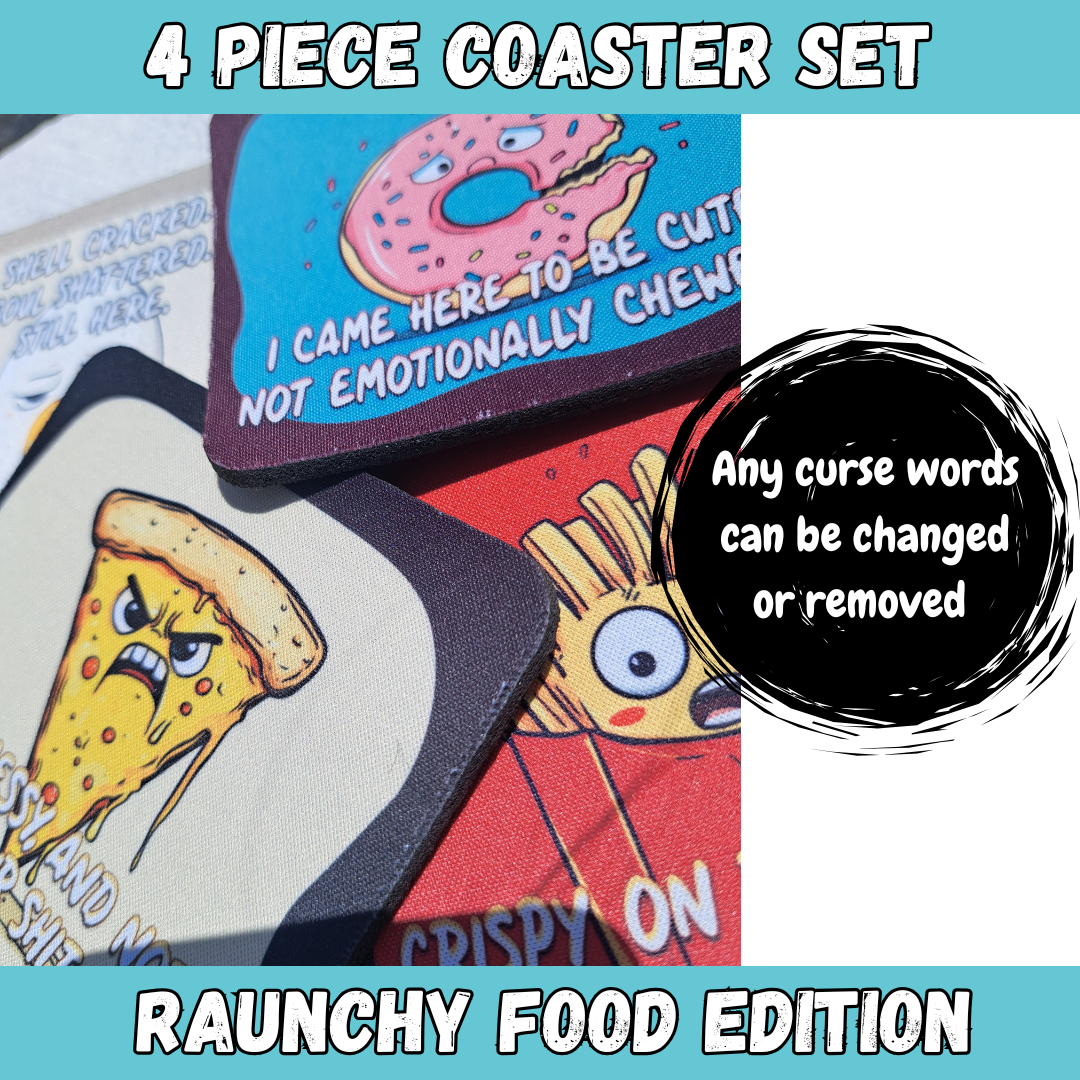 Funny Coaster Set – Raunchy Food Edition – 4-Piece Sublimated Coasters – Sarcastic Kitchen Humor – Emotional Snack Gift – Neoprene Drink Coasters