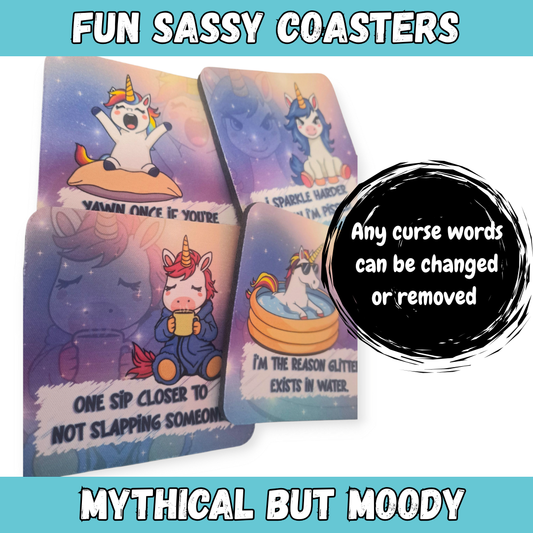 Funny Unicorn Coaster Set – Mythical But Moody Collection – 4-Piece Sublimated Coasters – Sassy Fantasy Humor – Neoprene Drink Coasters