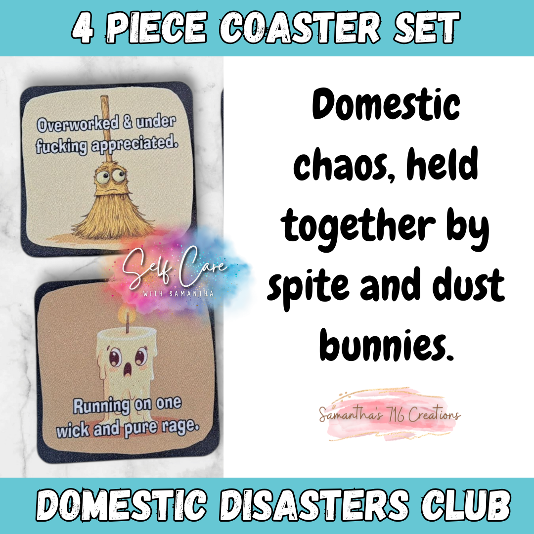 Funny Coaster Set – Domestic Disasters Club – 4-Piece Sublimated Coasters – Sarcastic Home Humor – Burnout Gift – Neoprene Drink Coasters