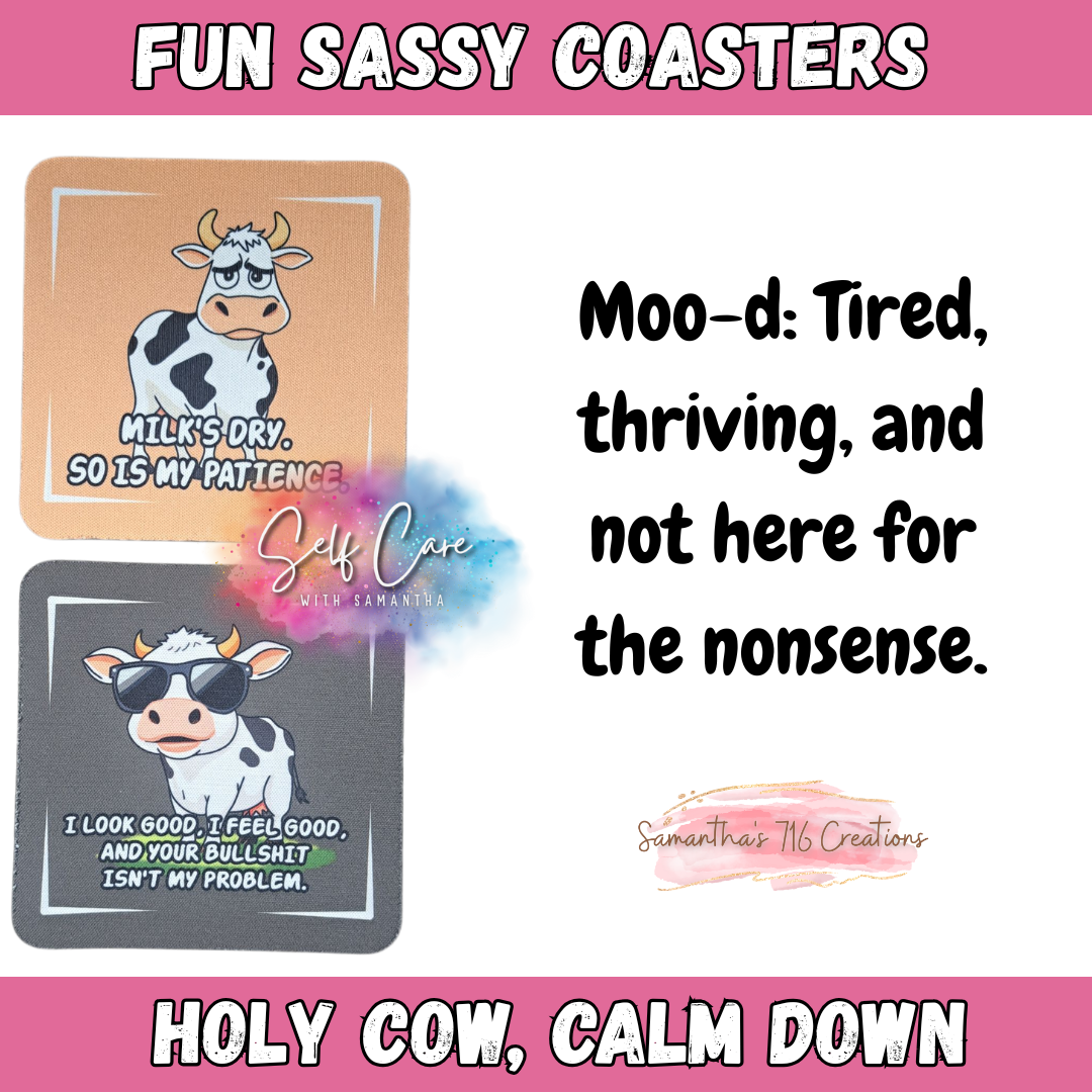 Funny Cow Coaster Set – Holy Cow, Calm Down Collection – 4-Piece Sublimated Coasters – Sassy Farmhouse Humor – Neoprene Coasters – Country Girl Gift