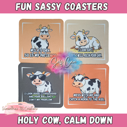 Funny Cow Coaster Set – Holy Cow, Calm Down Collection – 4-Piece Sublimated Coasters – Sassy Farmhouse Humor – Neoprene Coasters – Country Girl Gift