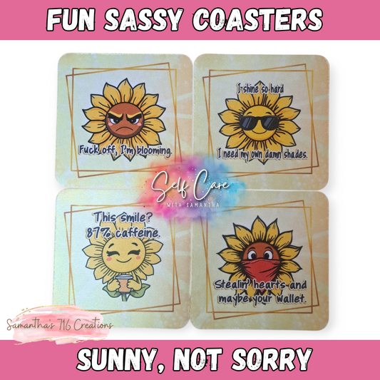 Funny Sunflower Coaster Set – Sunny, Not Sorry Collection – 4-Piece Sublimated Coasters – Sassy Floral Humor – Raunchy Plant Lover Gift – Neoprene Coasters