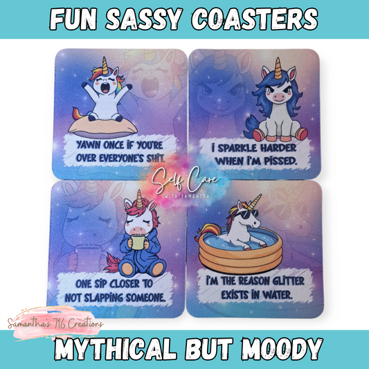 Funny Unicorn Coaster Set – Mythical But Moody Collection – 4-Piece Sublimated Coasters – Sassy Fantasy Humor – Neoprene Drink Coasters
