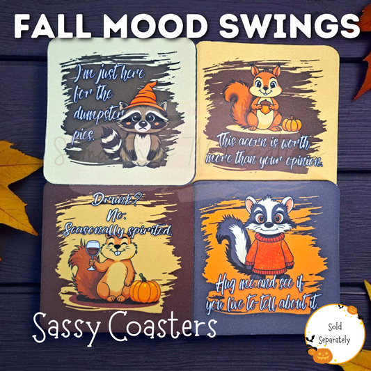 Funny Fall Animal Coaster Set – Fall Mood Swings Collection – 4-Piece Sublimated Coasters – Autumn Sass – Neoprene Drink Coasters – Sassy Seasonal Gift