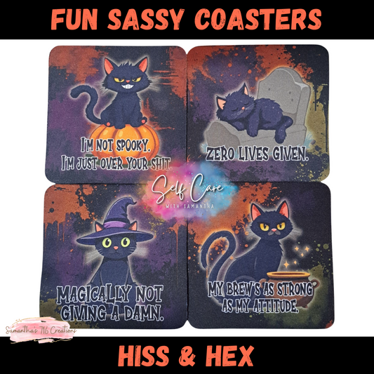 Four coasters with black cat illustrations and humorous text on a colorful background, branded 'Hiss & Hex'.